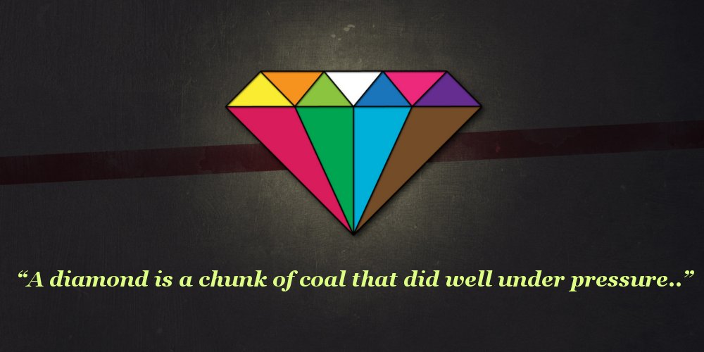 A graphic of a multicolored diamond on a black background is above a quote by Henry Kissinger, saying “A diamond is a chunk of coal that did well under pressure..” 