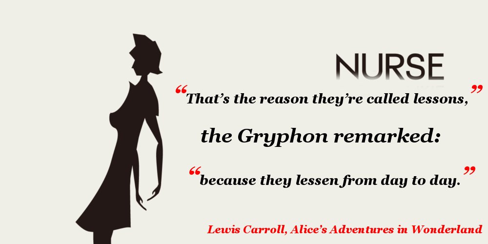 A graphic of a woman standing against a grey background, with a quote from Lewis Carroll that says "“That’s the reason they’re called lessons,” the Gryphon remarked: “because they lessen from day to day.”